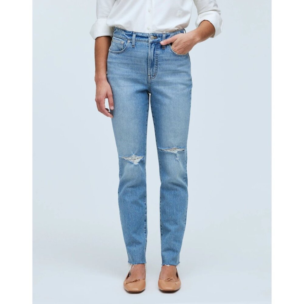 Madewell The High Rise Slim Crop Boyjean Jeans Distressed Raw Hem Size 28